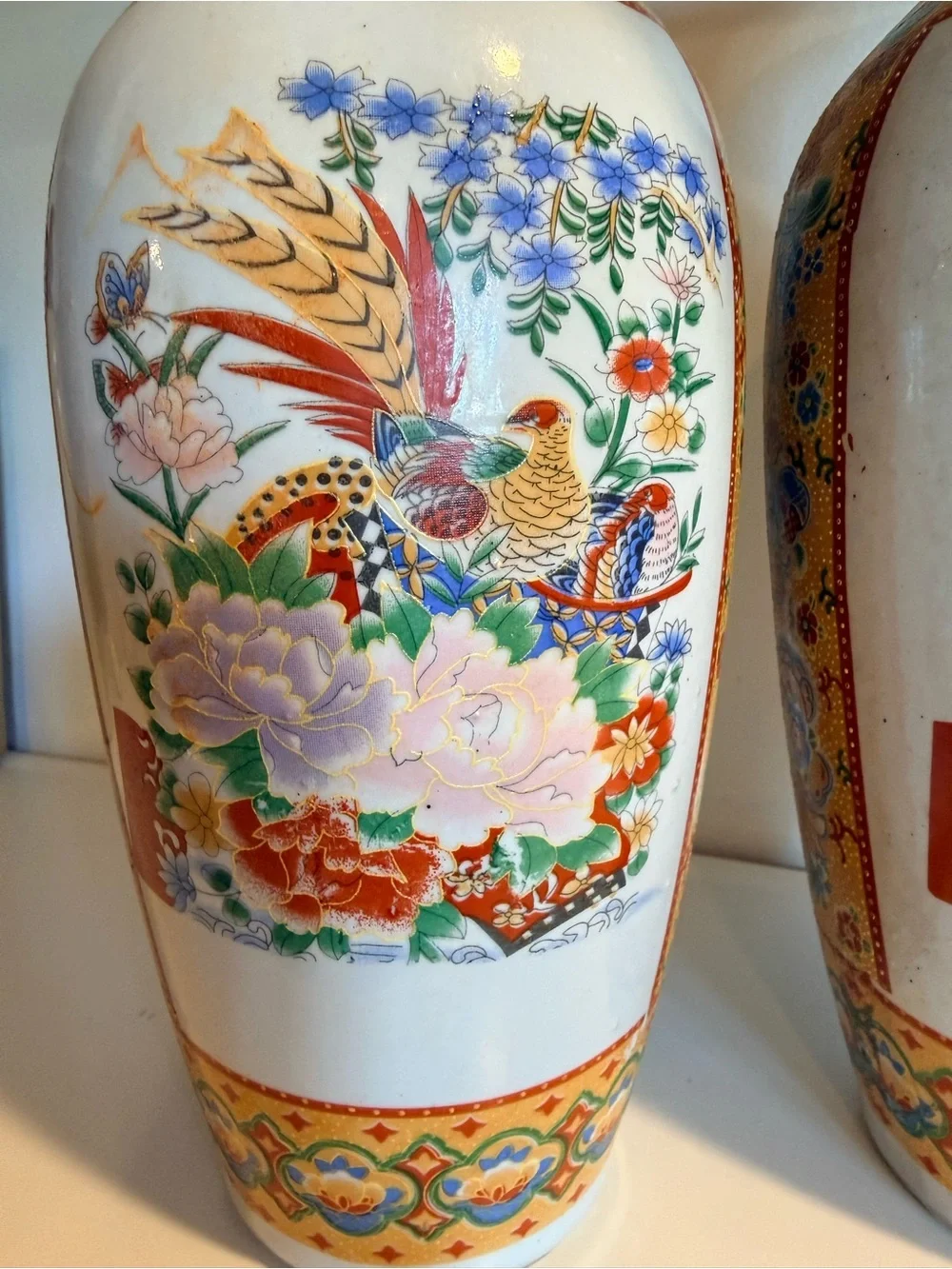 Pair Vintage Japanese Satsuma Style Porcelain Vases Hand Painted Birds Floral